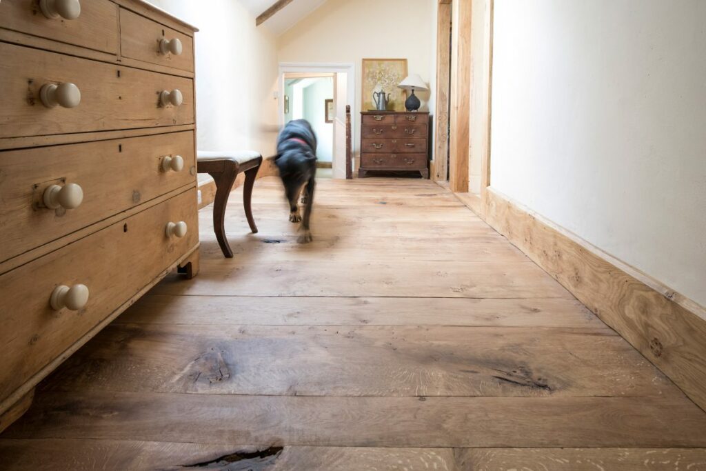 Heritage oak floorboards on a farmhouse landing in Somerset