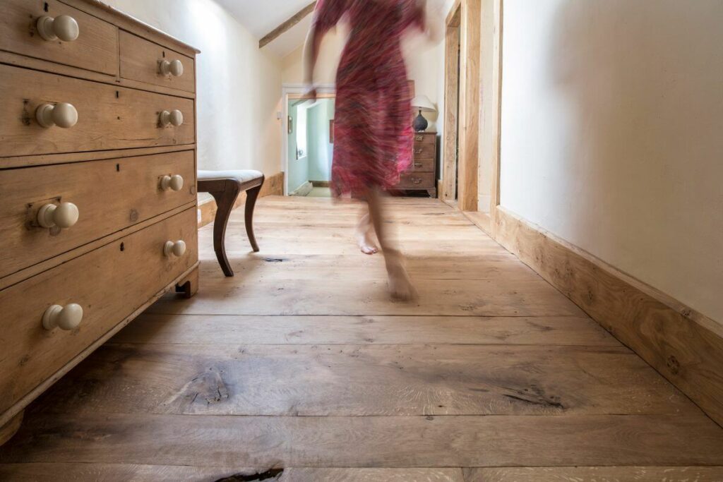 Heritage oak floorboards on a farmhouse landing in Somerset